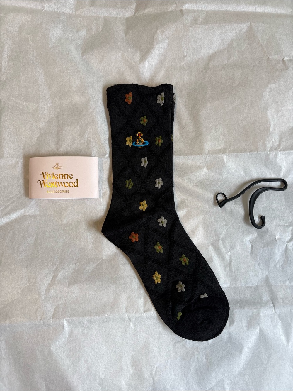 Vivienne Westwood Black Crew Socks with Multicolor Floral Motif